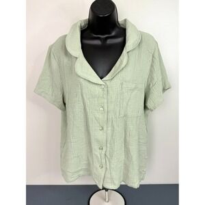 Born Women's Collared Button Front Gauze Short Sleeve Top Light Green Sz XL